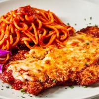 Chicken Parmigiana · Topped with marinara and mozzarella cheese, served with spaghetti marinara.