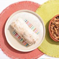 Chicken Mole Burrito · Chicken burrito with rice, beans, poblano mole, pickled red onions and sesame seeds