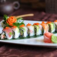 Rainbow Roll · Contains Raw Fish. Crab meat, cucumber, avocado inside tuna salmon red snapper white tuna on...