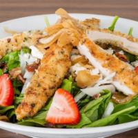 Baby Spinach Salad · Fresh spinach leaves with caramelized red onions, toasted brazos pecans, fresh strawberries,...