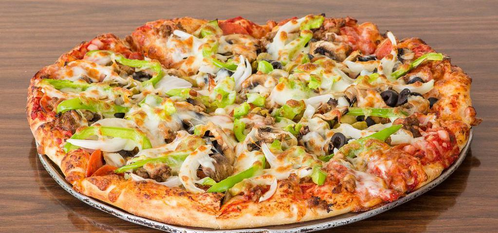 Z-Special Pizza · Canadian bacon, pepperoni, sausage, ground beef, onion, bell pepper, mushrooms, black and green olives.