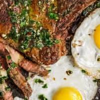 Steak & Eggs · With three extra large eggs, hash browns or grits, toast and jelly.