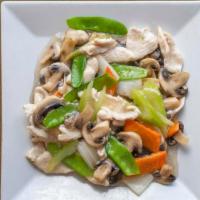 Moo Goo Gai Pan · Chicken saute with vegetables in a special white sauce.