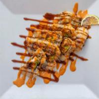 Volcano Roll · Lightly tempura fried sushi roll with spicy tuna, avocado, inside cream cheese topped with t...