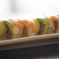 Jazz Roll · Spicy tuna inside topped with avocado, shrimp, and chef's spicy sauce.