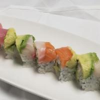 Rainbow Roll · Avocado, cucumber, crab meat topped with tuna, salmon, escolar, shrimp, red snapper and avoc...