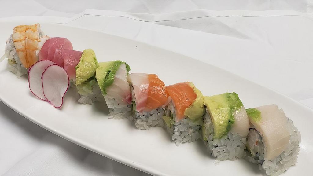 Rainbow Roll · Avocado, cucumber, crab meat topped with tuna, salmon, escolar, shrimp, red snapper and avocado.