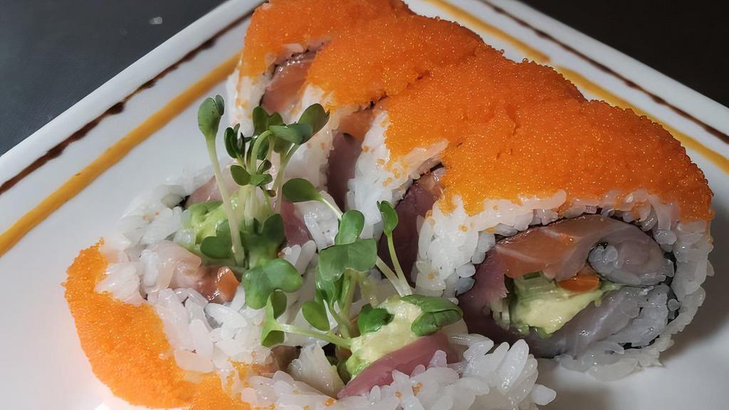 Sumo Roll · Yellowtail, salmon, tuna, avocado and cucumber topped with masago.