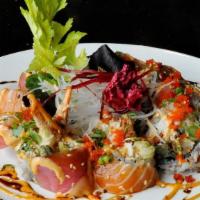 Yanagi Roll · Tempura shrimp, baked eel, crab meat, fried asparagus avocado, cucumber, gobo, and kaiware, ...