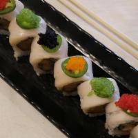 Mopac Roll · Spicy yellowtail, escolar, cucumber and Joba. Topped with escolar, jalapenos, tobiko and mus...