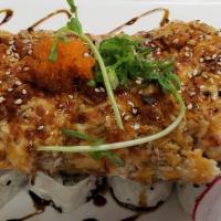 Diablo Roll · Tempura shrimp, spicy tuna, cucumber baked with spicy scallop mix, cheese, spicy mayo on top...