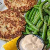 Crab Cakes · Select crab meat, pan-fried. Served with chipotle mayonnaise and vegetable of the day. Serve...