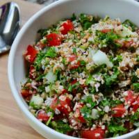Tabouleh Salad · A refreshing parsley grain salad mix of bulgur wheat, fresh tomatoes, onions, lemon, salt an...
