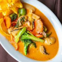 Pad Pak Curry · Fresh mushroom, carrots, eggplant, broccoli, bamboo shoot, bell pepper and white onion in a ...