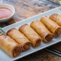 Spring Rolls · Crispy spring rolls stuffed with veggies. Served with our homemade sweet chili sauce.