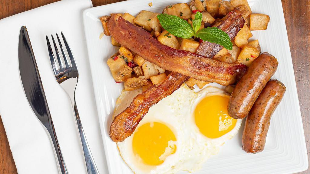 2 Eggs Any Style · Home fries, choice of bacon or sausage, white or wheat toast.