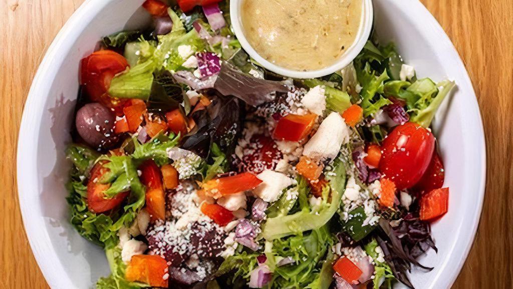 Fuel Greek Salad · Mixed Greens, Feta, Grape Tomato, Kalamata Olives, Red Onion, Red Bell Pepper, Cucumber, Fuel's Greek Vinaigrette (Contains Cheese)