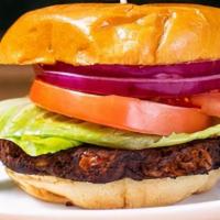 Smokey Black Bean Burger · Smokey Black Bean Burger, Lettuce, Tomato, Red Onion, Pickles