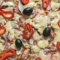 Oriole Unique · Our secret sauce, ground beef, salami, black olives, fresh sliced tomatoes, green peppers, r...