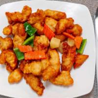 Sweet And Sour Pork · Fried chunks of pork in sweet and sour sauce.