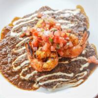Adobo Grilled Shrimp Enchiladas · stacked enchiladas with jack cheese, mushrooms, smoky tomatillo salsa, pico, crema, queso fr...