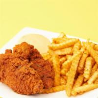 Clucking Basket · Two hot tenders with a side of seasoned fries