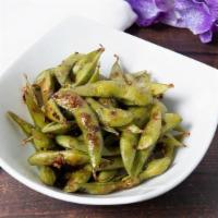 Spicy Edamame · Steamed and tossed in Sesame Oil, Soy Sauce, and Chili Powder