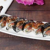 Angry Dragon · Shrimp Tempura, Spicy Tuna, Cucumber Topped with Eel