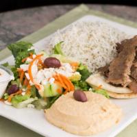 Gyros And Hummus Combo Plate · Served with salad, pita and your choice of a side.