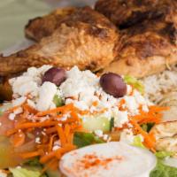 1/2 Lemon Chicken · Served with Greek salad, herb rice and hot pita.