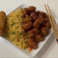 General Chicken Plate / 左宗鸡 · Spicy. Served with egg roll and pork fried rice.