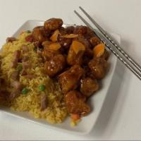 Orange Chicken Plate / 陈皮鸡 · Served with egg roll and pork fried rice.