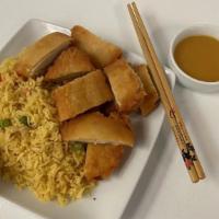 War Su Gar Plate · Served with egg roll and pork fried rice.