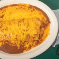 Burrito Jalisco · A big burrito covered in cheese and gravy with choice of filling, lettuce, tomato, avocado, ...