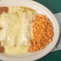 Enchiladas Verdes Plate · 3 green enchiladas with your choice of filling served with rice, beans and tortillas