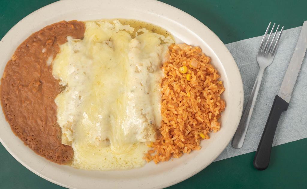Enchiladas Verdes Plate · 3 green enchiladas with your choice of filling served with rice, beans and tortillas