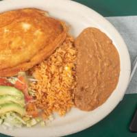 Chile Relleno Plate · Poblano chile stuffed, batter-dipped & fried served w/ rice, beans, salad & tortillas