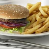 Burger · big 1/3 pound burguer. Organic meat 
Tomato, lettuce, onions, pickles mayo, mustard ,ketchup...