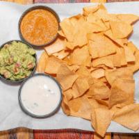 Chips & Dips · Homemade tortilla chips queso salsa and guacamole