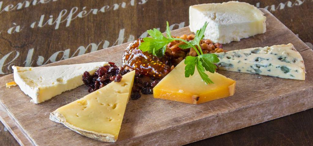 Plateau De Fromages Et Charcuteries · Three assorted French cheeses, fig marmalade, candied walnuts, cold cuts, cornichons, kalamata olives, Dijon mustard.