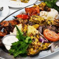 Small Cazbar Sultan'S Platter · Serves 2. Hummus, baba ghanoush, ezme, patlican salatasi, sakusa, haydari and pancar. Lamb c...