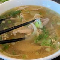 Chicken Pho · Tender chicken slices in aromatic chicken broth. Rice noodles with onions, lime wedge, bean ...