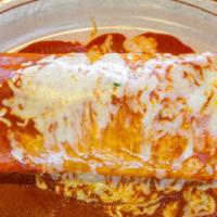 Burrito Mexicano · Choice of carnitas, shredded chicken, or beef with rice and beans inside. Topped with queso,...