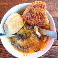 Breakfast Bowl · 2 Farm Fresh Eggs, Sausage, Bacon, Signature Hashbrown Casserole, and a fresh biscuit topped...