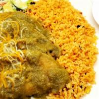 Enchilada · Four corn tortillas filled with chicken dipped in sauce, (green or red sauce) served with ri...