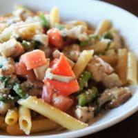 Penne Con Pollo  · grilled chicken, shiitake mushrooms, asparagus, tomatoes, roasted garlic white wine sauce, p...