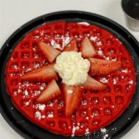 Strawberry Red Valvet Waffles · Red Velvet, topped with powdered sugar, Strawberries and Cream Cheese.