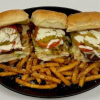 Burger Sliders & Fries · 100% seasoned beef patties served on a Brioche bun topped with lettuce, tomato, pickle, onio...