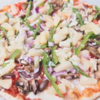 Mediterranean Veggie Pizza · A simple pizza made with green peppers, tomatoes, mushrooms, onions, kalamata olives, pineap...