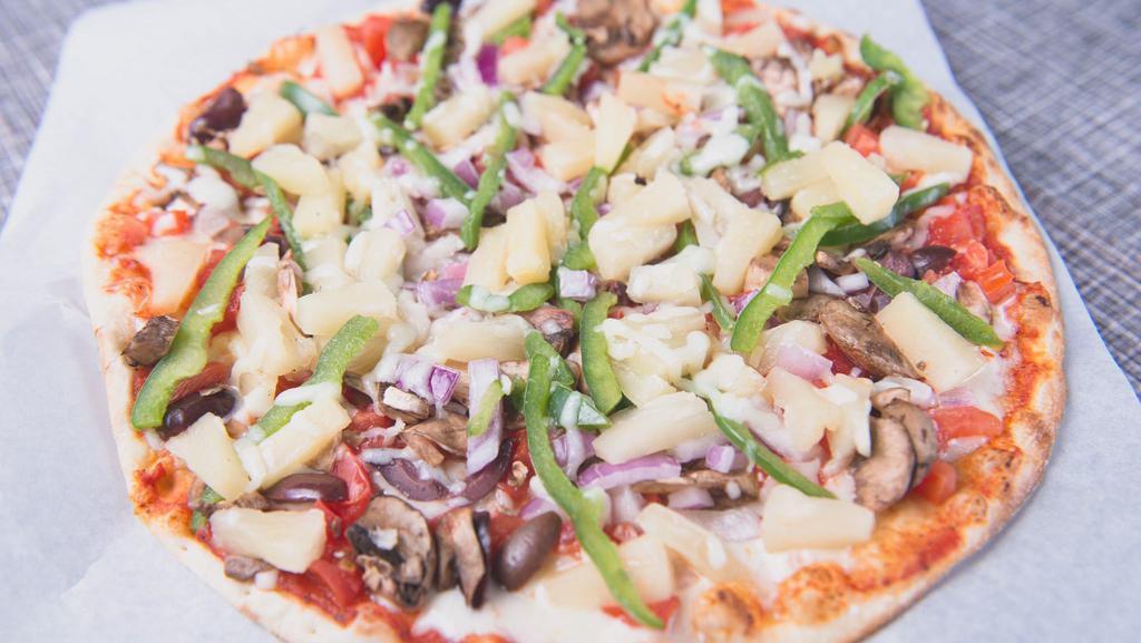 Mediterranean Veggie Pizza · A simple pizza made with green peppers, tomatoes, mushrooms, onions, kalamata olives, pineapple, cheese, and homemade tomato sauce.